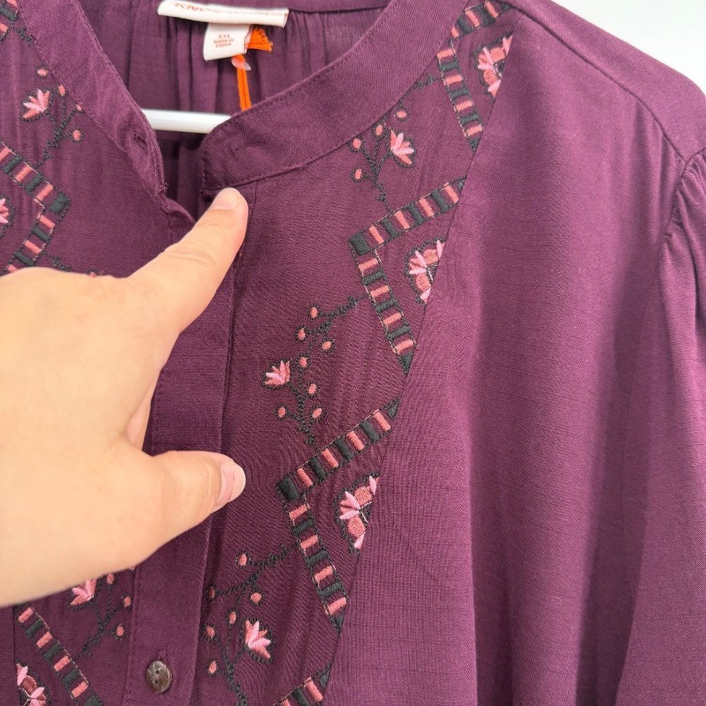 Knox Rose Top Women XXL NEW Burgundy Embroidered Buttons 3/4 Sleeves Boho Hippie - Picture 2 of 11